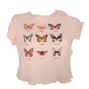 Awake pastel pink butterfly graphic logo lettuce ruffle waffle knit tee large